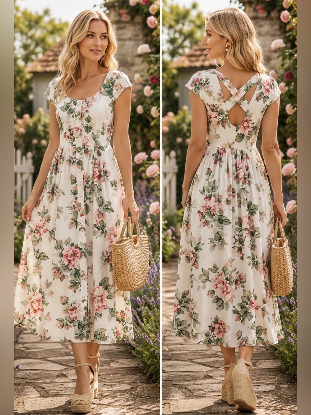 Vintage Carol Anderson  Floral Cotton Midi Dress 12 Cottagecore 50s Style Tea